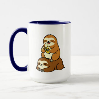 Caneca Cute Sloth Eating Banana on Lazy Sloth Funny Carto