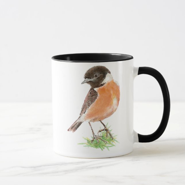Caneca Cute Stonechat, Watercolor Bird Collection (Direita)