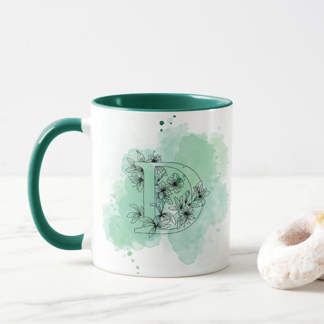 Caneca D Watercolor Monograma Verde Botânico Inicial (Com Donut)