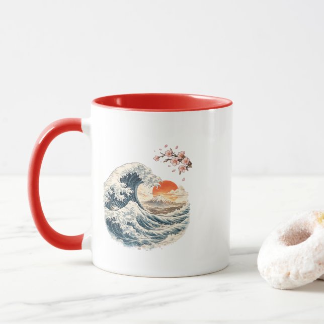 Caneca da Grande Onda Japonesa Monte Fuji (Com Donut)