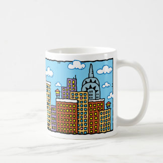 Caneca da skyline dos desenhos animados da cor da
