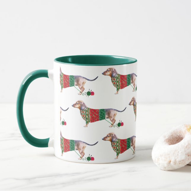 Caneca Dachshund aquarela-branca no saltador de natal (Com Donut)