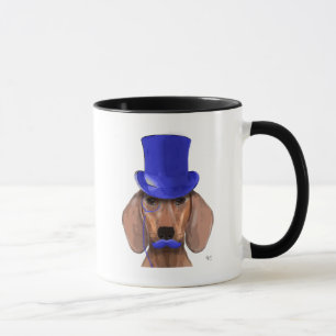 Caneca Dachshund com Chapéu Azul e bigode Azul