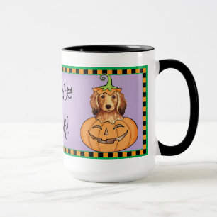 Caneca Dachshund de cabelos compridos do Dia das Bruxas