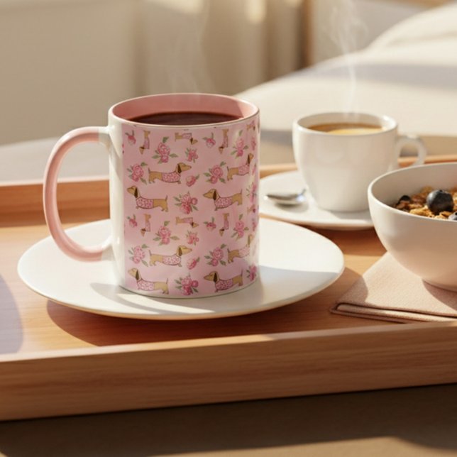 Caneca Dachshund Floral para Mães Tea Mug Doxie (Pink dachshund floral mug)