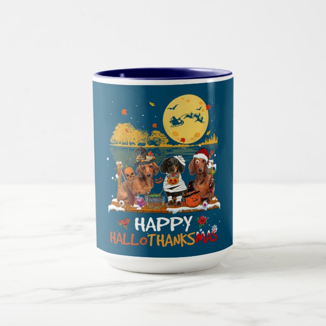 Caneca Dachshund Happy Hallothanksmas Halloween Graças (Centro)