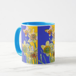 Caneca Daffodil Painting Watercolor Amarelo Azul Flor Mu