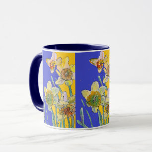 Caneca Daffodil Painting Watercolor Amarelo Azul floral