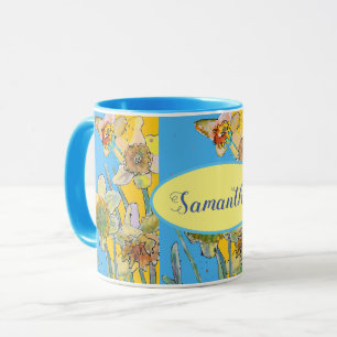 Caneca Daffodil Painting Watercolor Amarelo Azul floral