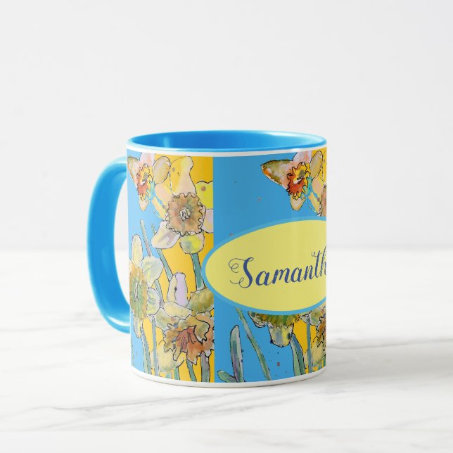 Caneca Daffodil Painting Watercolor Amarelo Azul floral (Frente Esquerda)