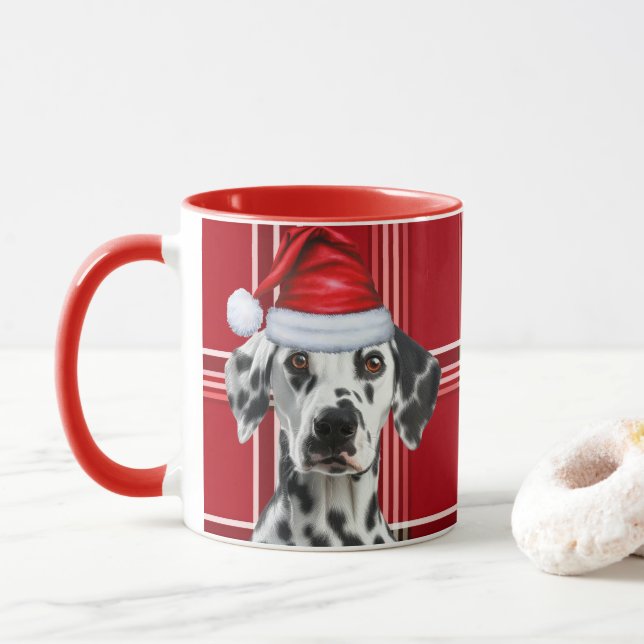 Caneca Dalmatian Dog Lover Red Holiday Plaid Christmas (Com Donut)