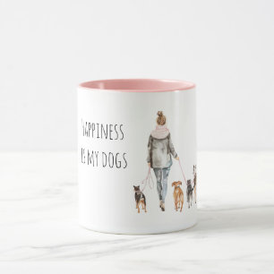 Caneca Dama de Cabelo Loiro Passeando Cachorros  