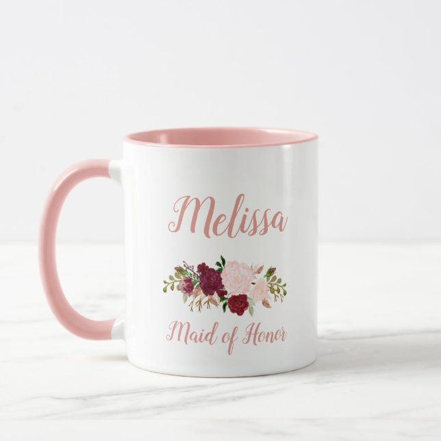 Caneca Dama de Honra Rosa Marsala Floral Casamento (Esquerda)