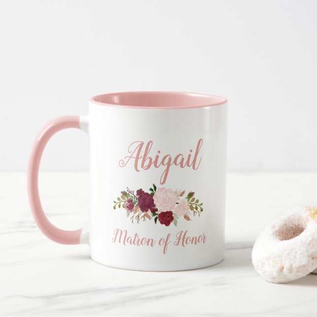 Caneca Dama de Honra Rosa Marsala Floral Casamento (Com Donut)