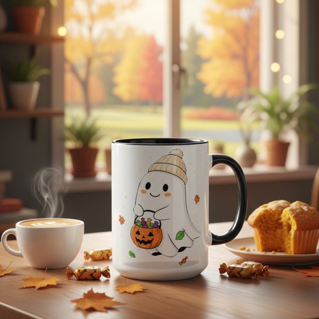 Caneca Dama de outono de Ghost Cute Halloween (Criador carregado)