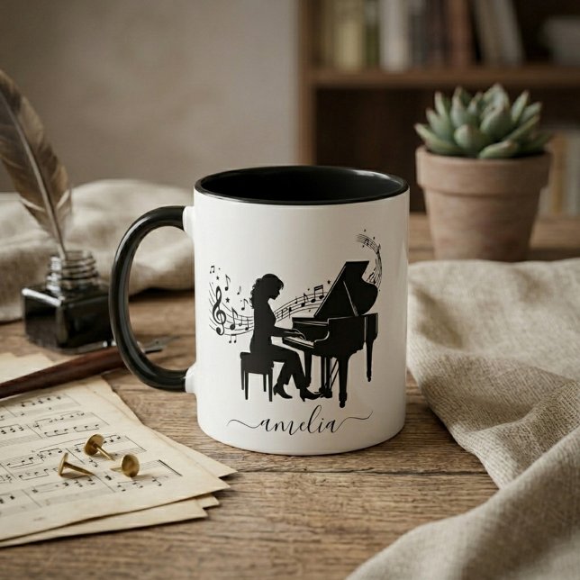 Caneca Dama Personalizada ao Piano Arte Artística (Criador carregado)