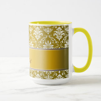 Caneca Damasco amarelo do monograma e branco dourado