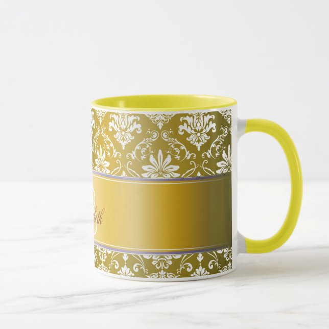 Caneca Damasco amarelo do monograma e branco dourado (Direita)