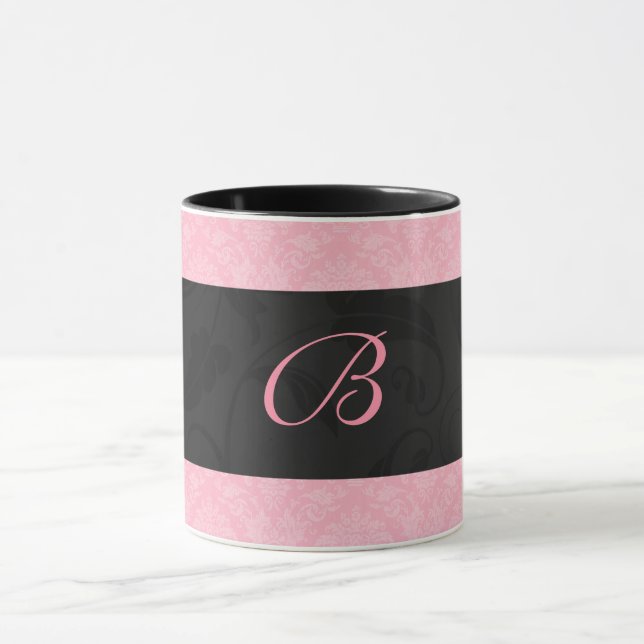 Caneca Damasco feminino, rosa e preto, monograma (Centro)
