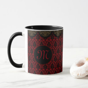 Caneca Damasco preto vermelho com borda dourada