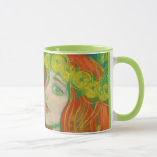 Caneca "Dandelions coroam" pintando uma menina avermelhad