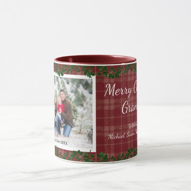 Caneca Dark Red Country Christmas Plaid Holiday Photo Mug (Centro)