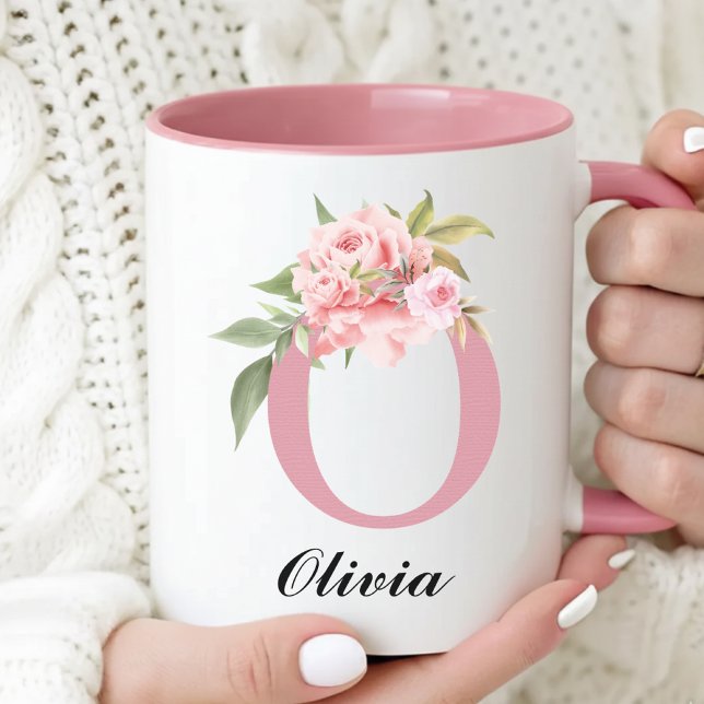 Caneca de Agradecimento com Nome Personalizado Flo (Custom Rose Floral Mug Bridesmaid Proposal Gift for Her, Floral Monogram Mug Thank You Gift for Her)