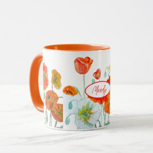 Caneca de água com padrão de flor de papoula laran