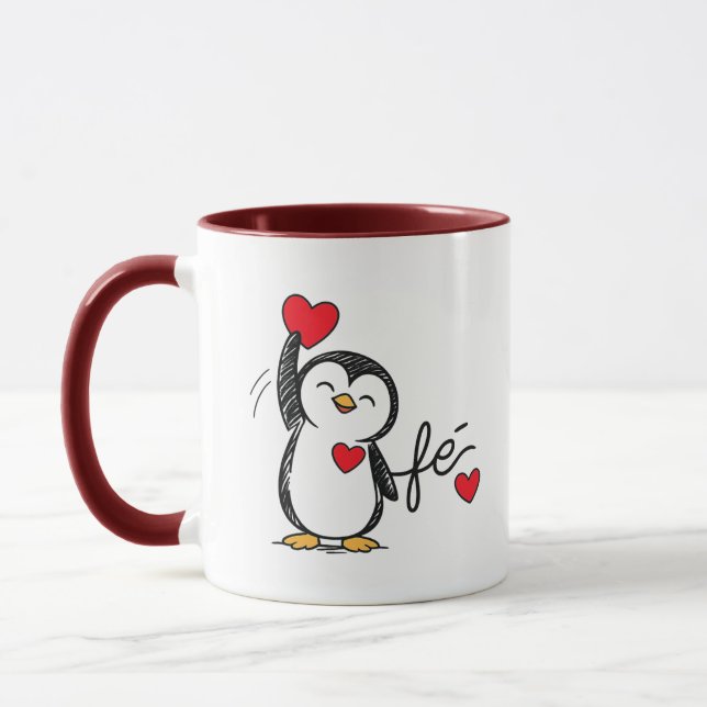 Caneca de Amor com Pinguim Preto Fofo e Corações V (Esquerda)