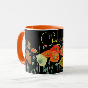 Caneca de Aquarela com Papoulas Laranja e Preta