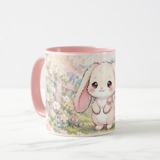 Caneca de Aquarela de Coelho Fofo em um Jardim de