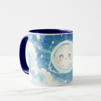 Caneca de Aquarela Lua Fofa no Céu Estrelado