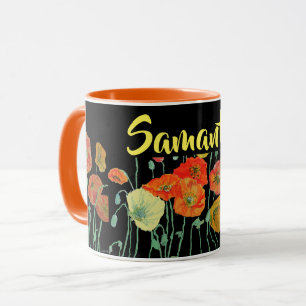 Caneca de Aquarela Papoulas Laranja e Preto
