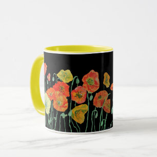 Caneca de Aquarela Papoulas Laranja e Preto
