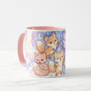 Caneca de Aquarela Raposas Fofas Lua e Estrelas