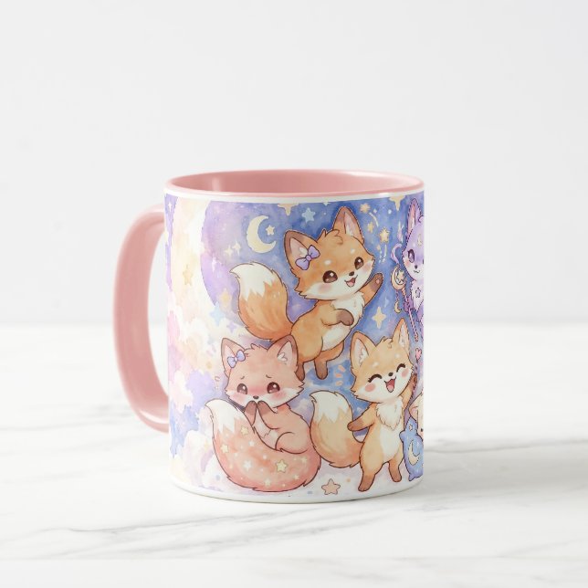 Caneca de Aquarela Raposas Fofas Lua e Estrelas (Frente Esquerda)