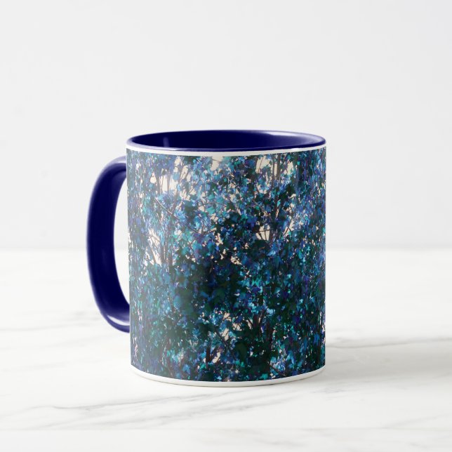 Caneca de Arte Abstrata da Natureza Folhas Azuis (Frente Esquerda)