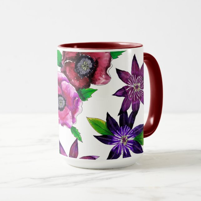 Caneca de Arte Aquarela com Anêmona Ousada e Clema (Frente Esquerda)