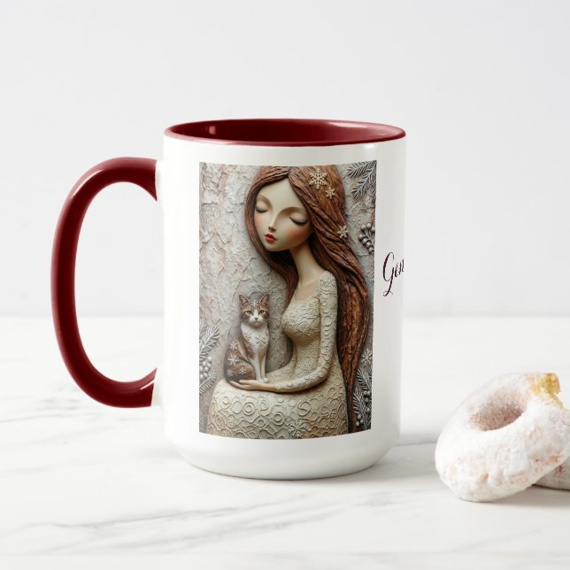 Caneca de Arte de Gata de Natal Caprichosa Donzela (Com Donut)