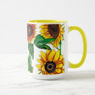 Caneca de Arte de Girassol em Aquarela Banhada pel