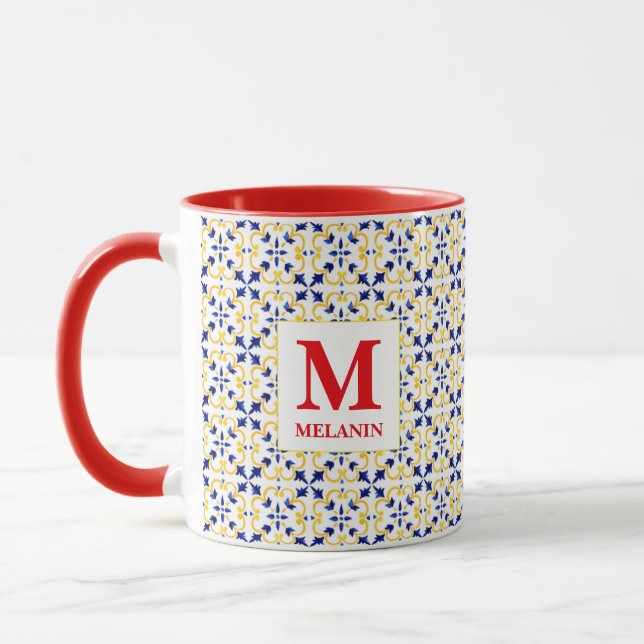 Caneca de Azulejo Boho Watercolor – Nome & Monogra (Esquerda)