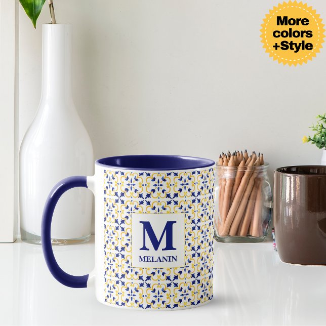 Caneca de Azulejo Boho Watercolor – Nome & Monogra (Boho Watercolor Tile Mug – Custom Name & Monogram)