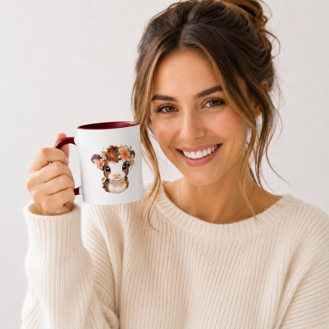 Caneca de Bebê Vaca das Terras Altas Floral Fofa | (Criador carregado)