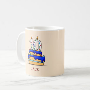 Caneca De Café 10º Aniversário, 10 no Bolo Azul Doce