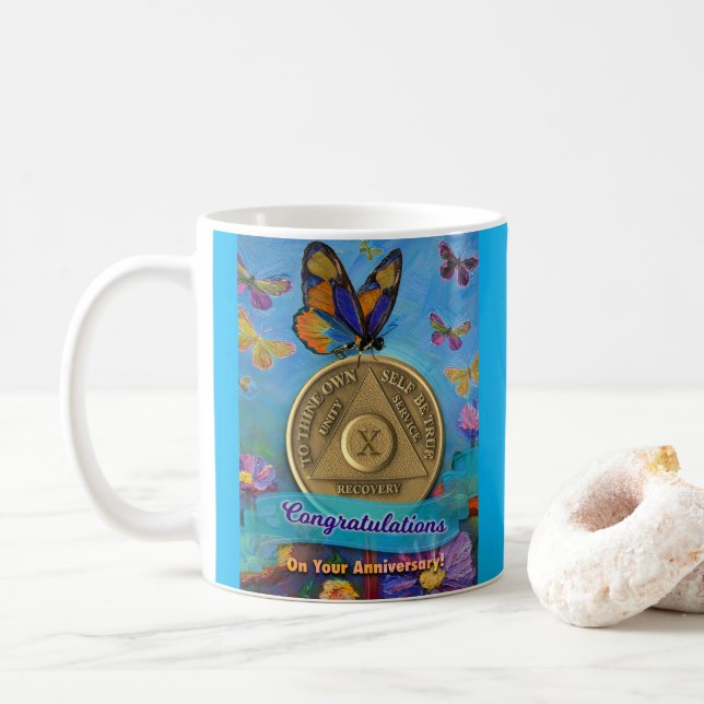 Caneca De Café 10 anos AA Parabéns de moeda Borboletas (Com Donut)