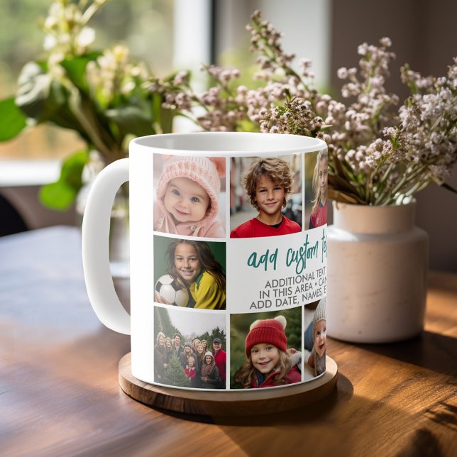Caneca De Café 10 Borda de Foto com Centro de Texto - Cinza Teal (Personalized mug template with a funky 10 photo collage and custom text)