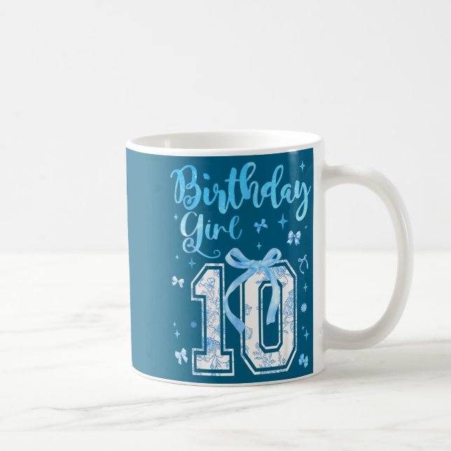 Caneca De Café 10th Birthday Girl Blue Toile Coquette Bow 10 Year (Direita)