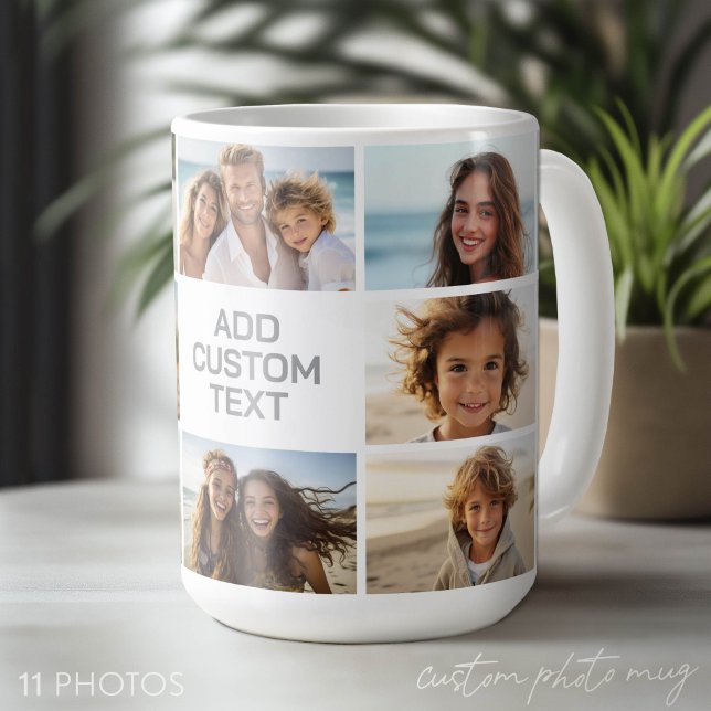 Caneca De Café 11 Colagem de Fotos - Cinza e Branco com Texto (Custom Photo Mug - Makes a Great Gift)