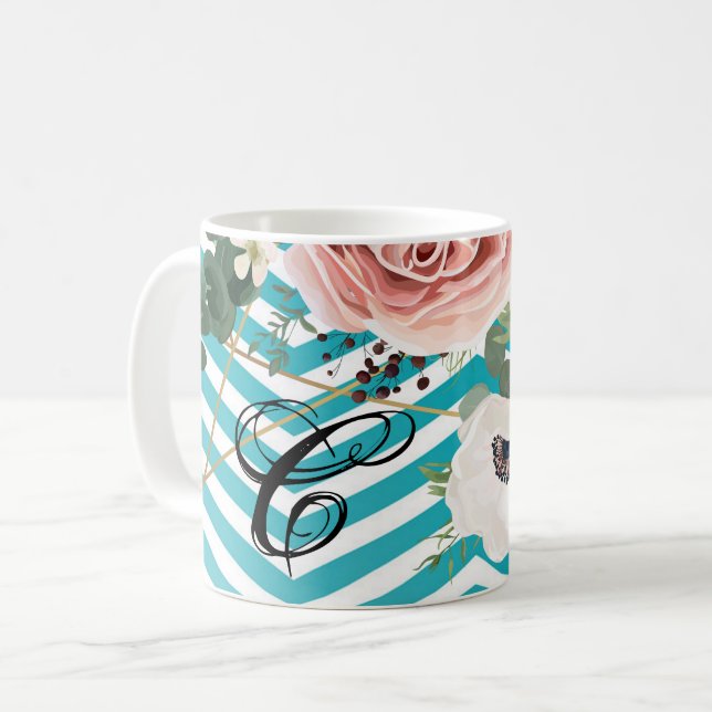 Caneca De Café 11 Oz. Teal Geométrico Rosa Chevron Coffee Mug (Frente Esquerda)
