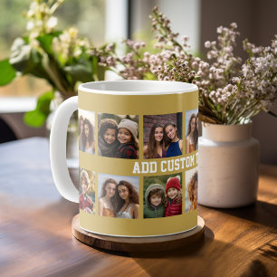 Caneca De Café 12 Colagem de Fotos com Dourado Fundo